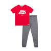 Set camiseta roja manga corta y sudadera gris oscuro para niño